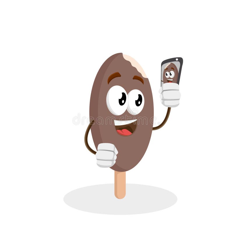 A mascote e o fundo do chocolate do gelado com selfie levantam ilustração do vetor