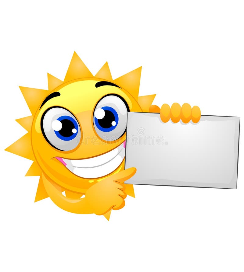 Mascote feliz de Sun que guarda uma placa vazia ilustração royalty free Mascote feliz de Sun que guarda uma placa vazia ilustração royalty free