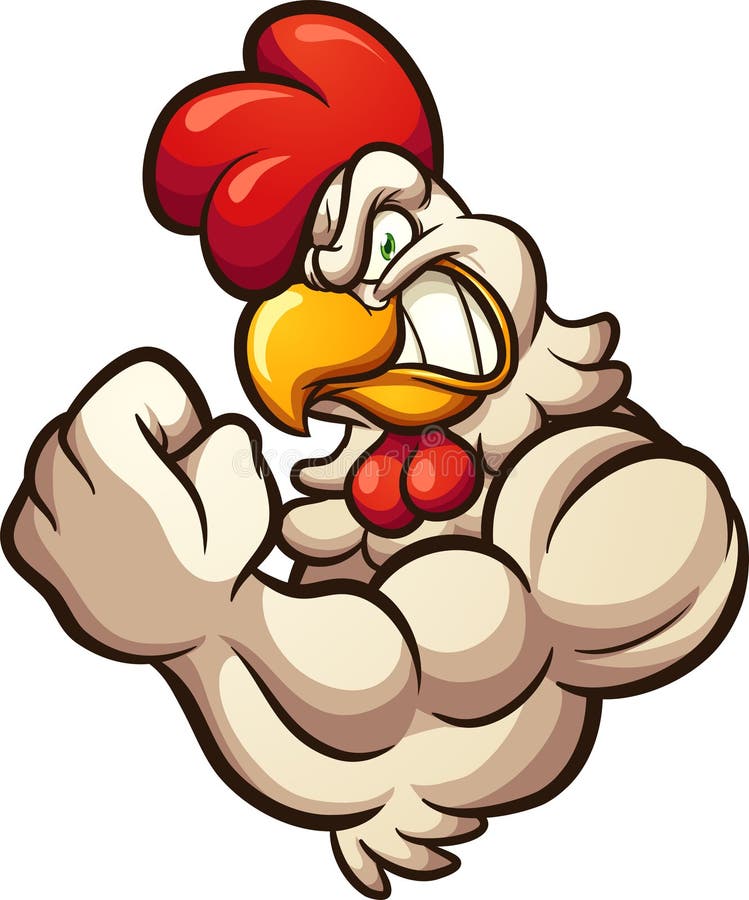 Mascote forte da galinha dos desenhos animados que dobra o braço