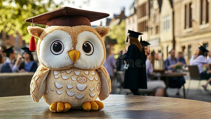 Mascotte de hibou de diplôme sur table floue étudiants célébrant dehors illustration libre de droits