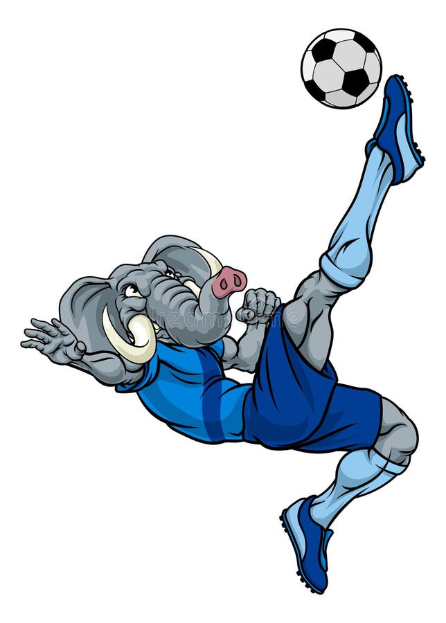 An elephant soccer football player cartoon animal sports mascot kicking the ball. An elephant soccer football player cartoon animal sports mascot kicking the ball