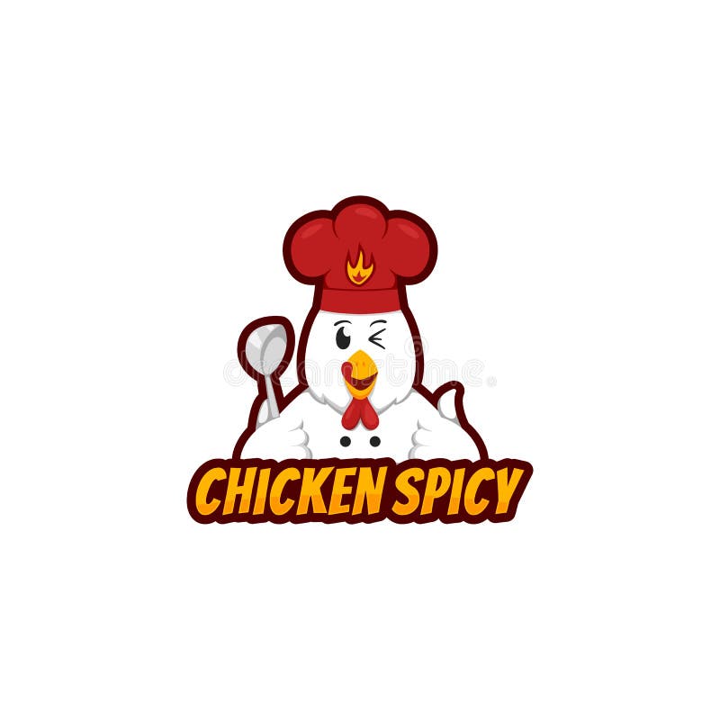 Mascotte van het kippen draagt de Kruidige embleem met grappige de holdingsgietlepel van het kippenkarakter en chef-kokhoed in be