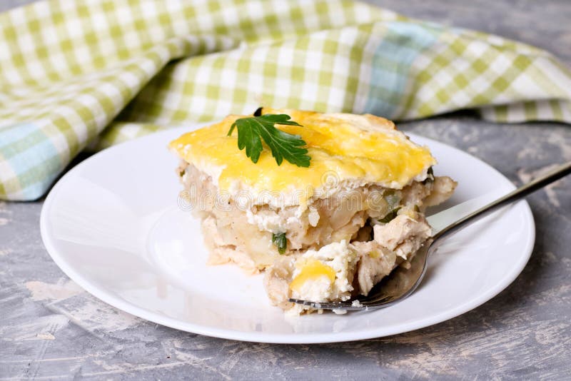 Mashed Potato Bake Witn Chicken and Cheese, Decorated Parsley Stock