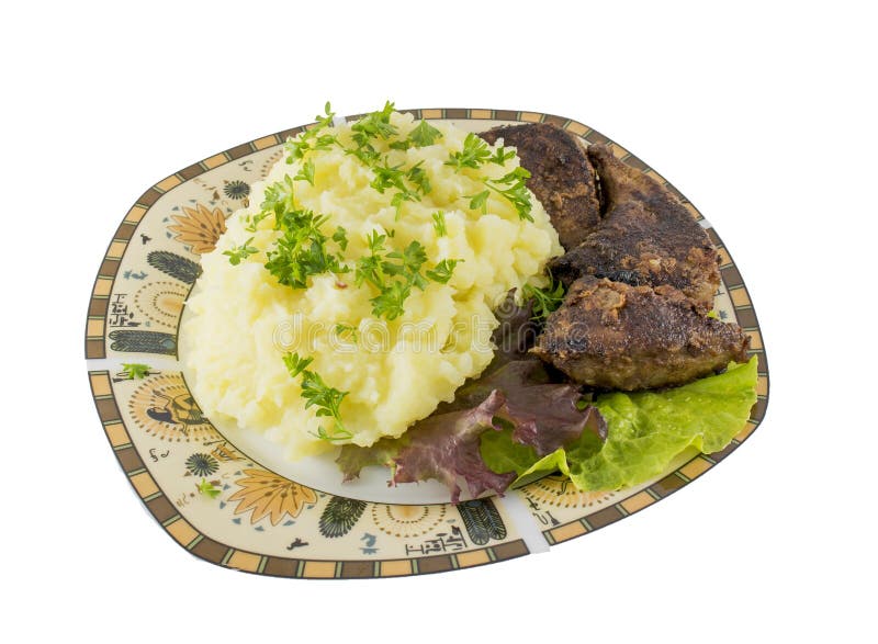 Mashed potato with fried liver and green salad isolated stock photography Mashed potato with fried liver and green salad isolated stock photography