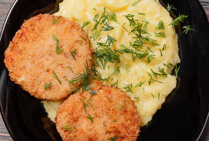 Mashed Potatoes with Chicken Cutlets and Herbs Stock Photo Image of