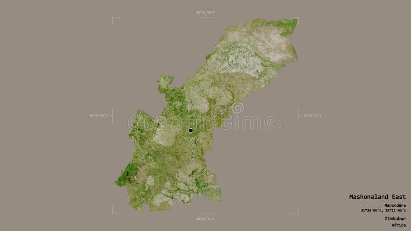 Mashonaland East - Zimbabwe. Bounding box. Satellite. Area of Mashonaland East, province of Zimbabwe, isolated on a solid background in a georeferenced bounding royalty free illustration Mashonaland East - Zimbabwe. Bounding box. Satellite. Area of Mashonaland East, province of Zimbabwe, isolated on a solid background in a georeferenced bounding royalty free illustration