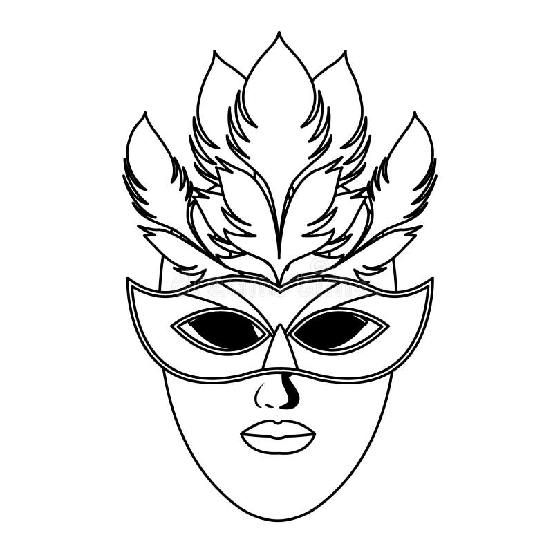 Mask with Feathers Black and White Stock Vector - Illustration of