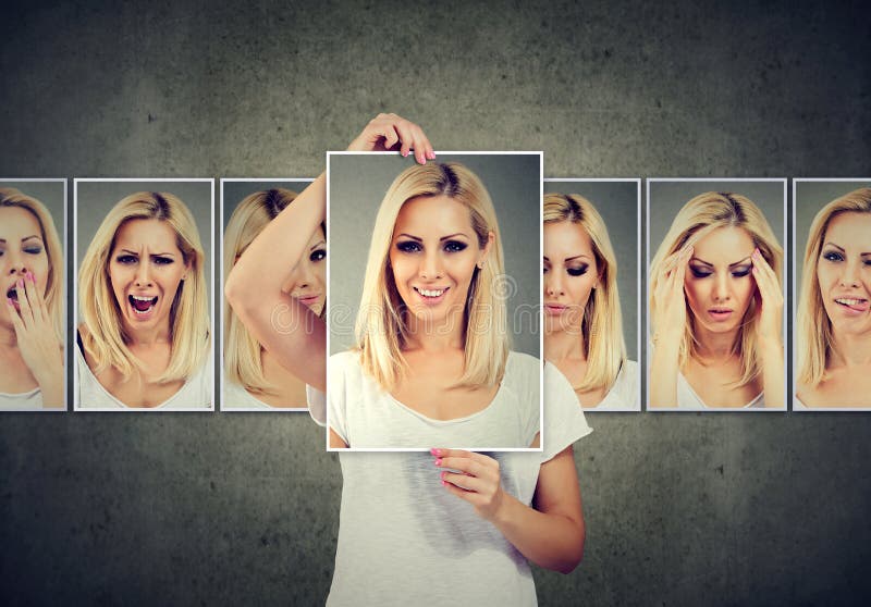 Masked blonde young woman expressing different emotions