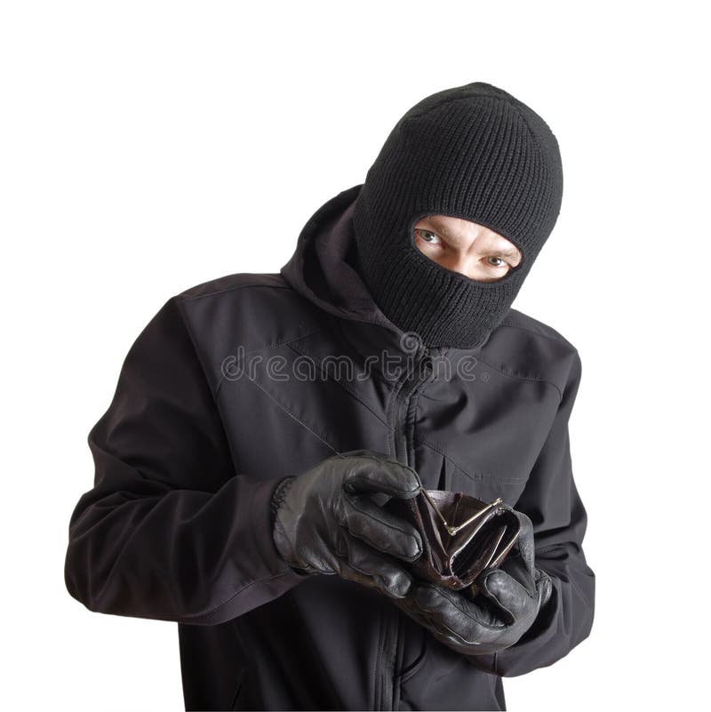 Masked criminal holding a stolen leather purse, isolated on white