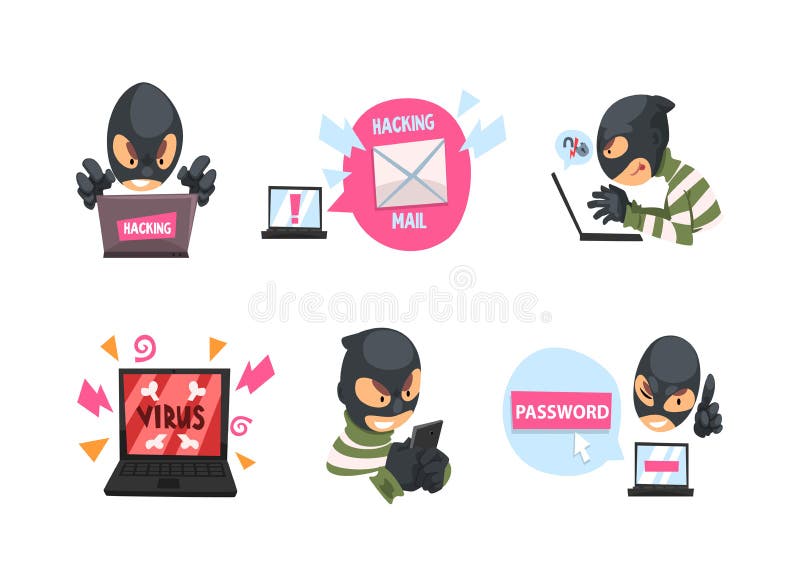 Masked hacker hacking devices for stealing data and money set. Cyber crime, security cartoon vector illustration royalty free illustration