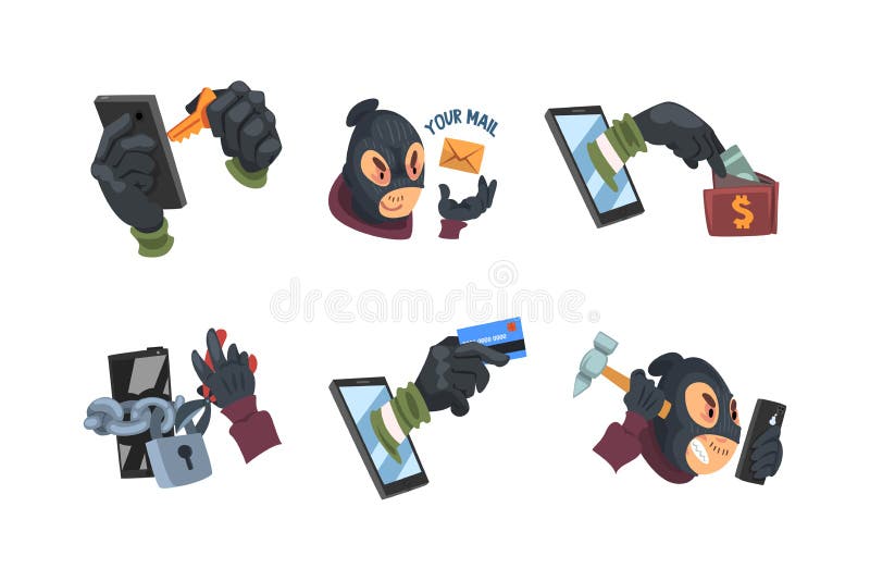 Masked hacker hacking devices for stealing data set. Cyber crime, security cartoon vector illustration vector illustration