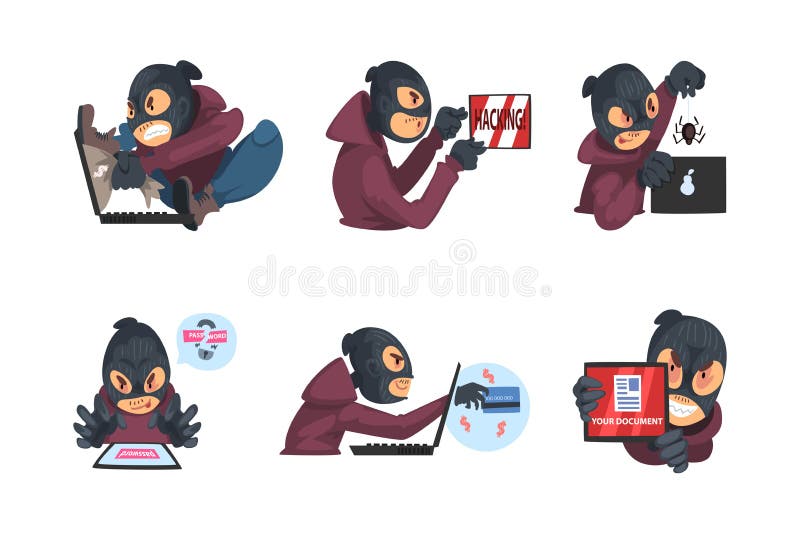 Masked hacker hacking devices for stealing information and money. Cyber crime, security cartoon vector illustration vector illustration