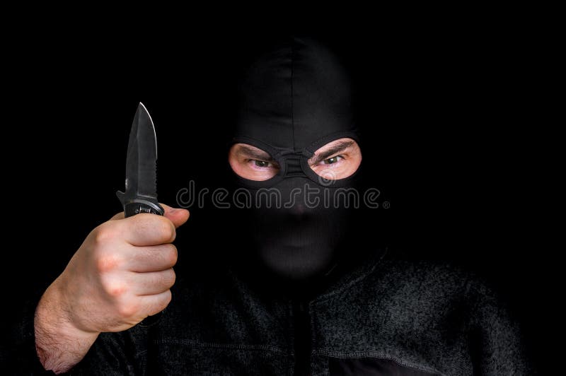 Masked Man in Balaclava with Knife on Black Stock Image Image of