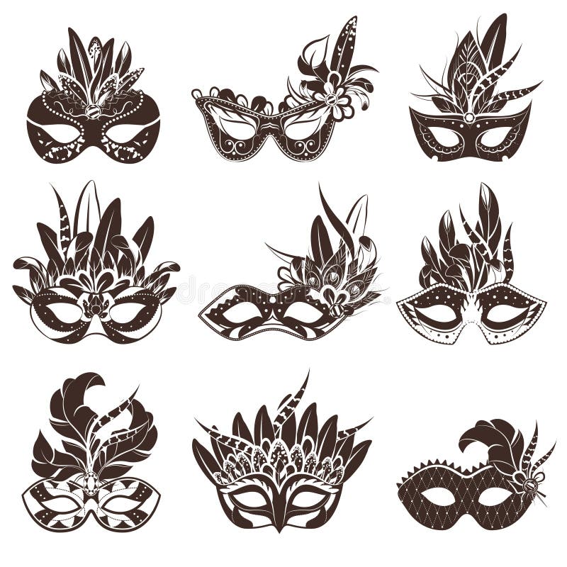 Mask black white icons set for masquerade and theatre performance flat isolated vector illustration. Mask black white icons set for masquerade and theatre performance flat isolated vector illustration