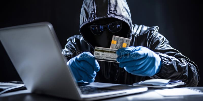 Maskenhacker mit Kreditkarten : Identitätsdiebstahl von Internetkriminalität stock abbildung