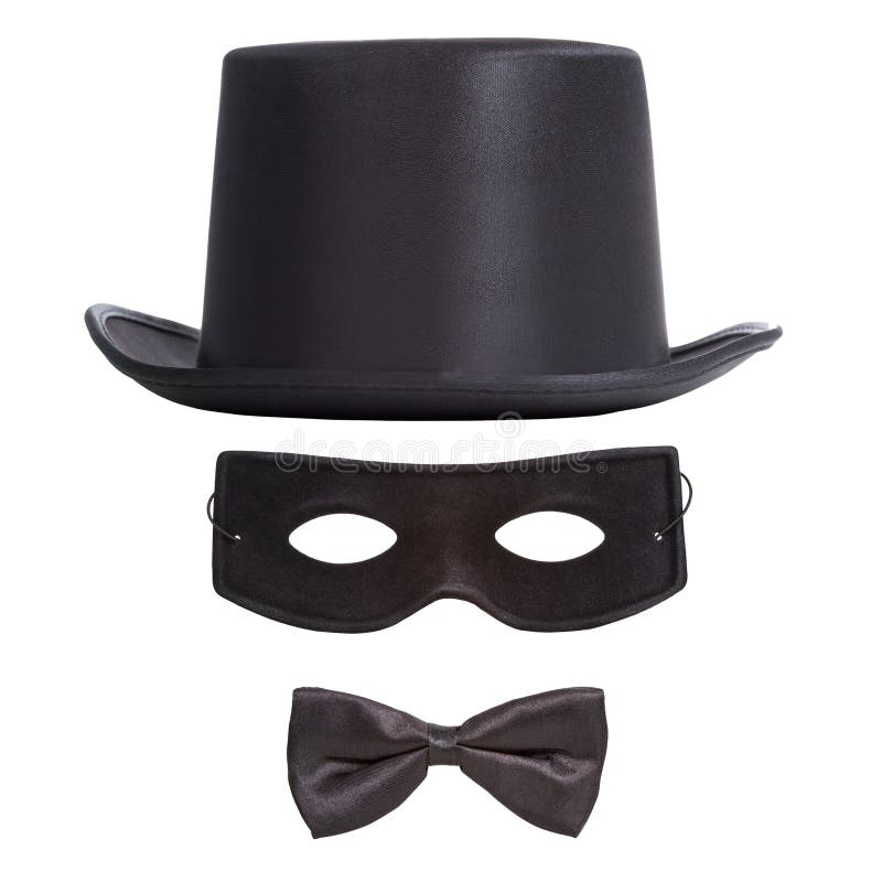 Black top hat, masquerade mask and bow tie isolated on white background. Black top hat, masquerade mask and bow tie isolated on white background.