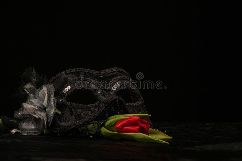 A Masquerade Mask With Red Flower On Black Background. A Masquerade Mask With Red Flower On Black Background