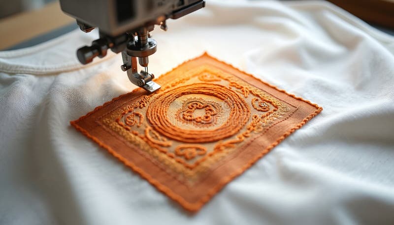 Maskinbroderprocess på vit skjorta. Orange florala broderier. Stängningsyta av nåltråd. arkivfoto