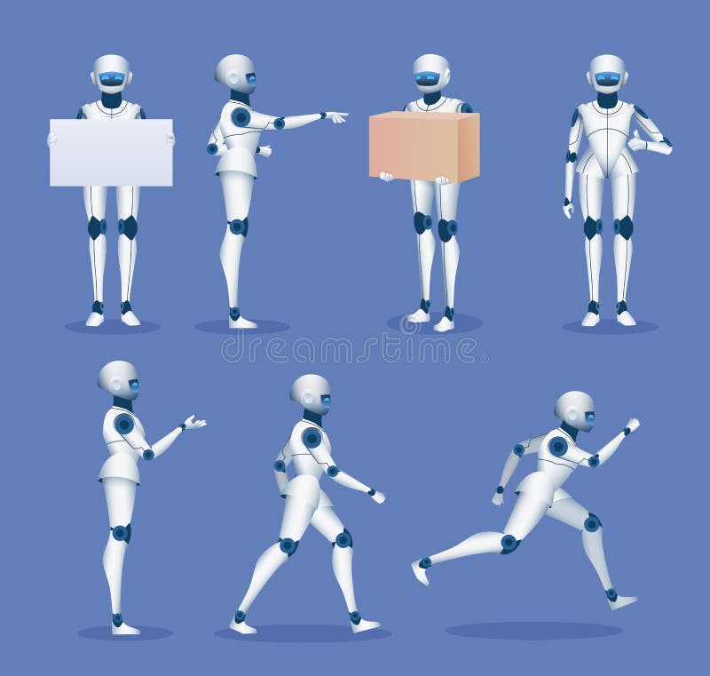 Maskotka humanoidalnego robota. rysunkowy, przyszły znak androida składa się z 3d robotów, które trzymają tablicę plakatową i ilustracji
