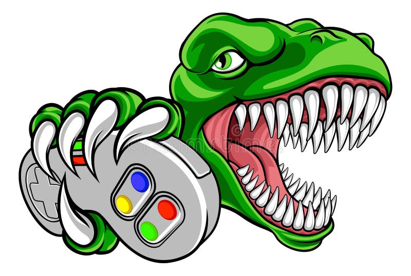 Maskotka kontrolera gier wideo gracza dinozaura ilustracja wektor