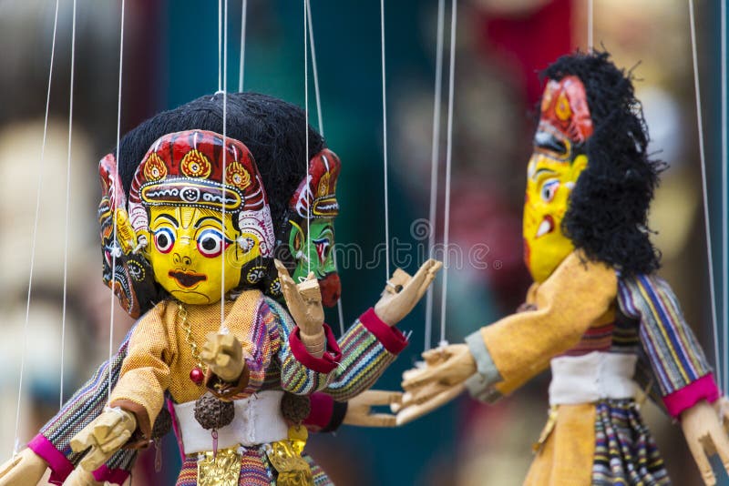 Masks, dolls and souvenirs in street shop at Durbar Square in Ka