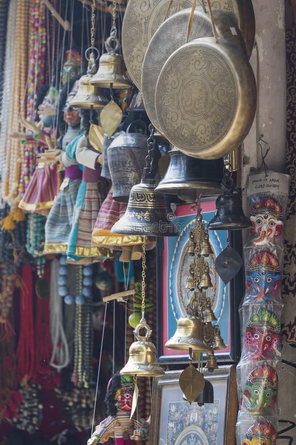 Masks, dolls and souvenirs in street shop at Durbar Square in Kathmandu, Nepal.