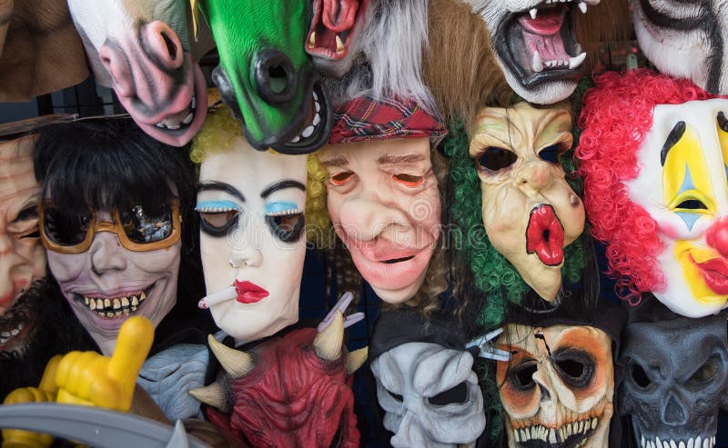 Halloween masks in street shop. Halloween masks in street shop