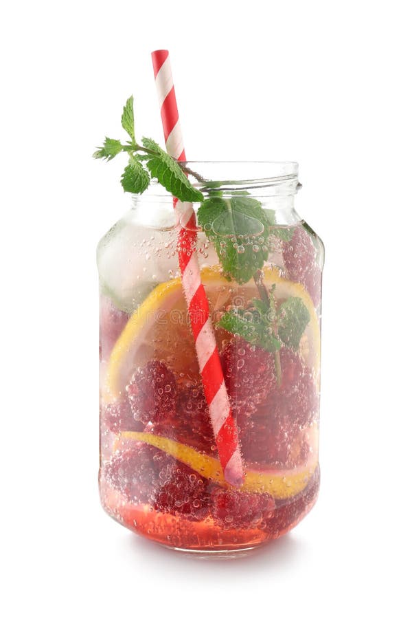 Mason Jar with Fresh Raspberry Lemonade on White Background Stock Image