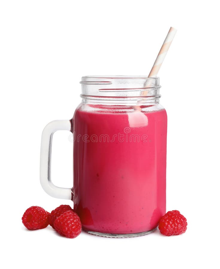 Mason Jar Of Tasty Raspberry Smoothie And Fresh Fruits On White Background Stock Image Image 