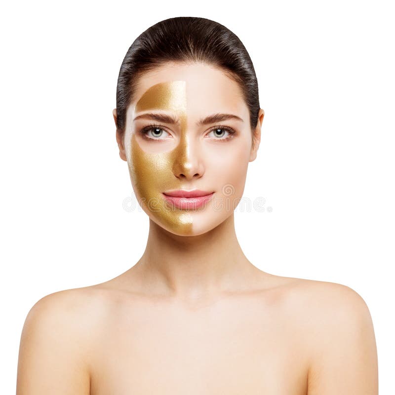 Woman Beauty Gold Mask, Happy Girl Golden Facial Skin Cosmetic, Skincare and Treatment, Isolated over white background. Woman Beauty Gold Mask, Happy Girl Golden Facial Skin Cosmetic, Skincare and Treatment, Isolated over white background