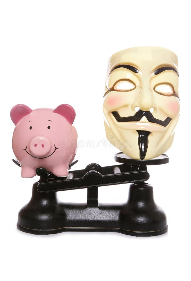 Masque de fawkes de type avec la tirelire photographie stock libre de droits Masque de fawkes de type avec la tirelire photographie stock libre de droits