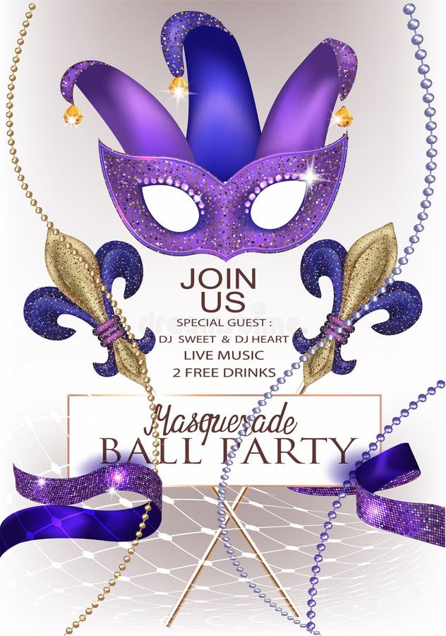 Masquerade ball party invitation banner with masquerade specific deco object.