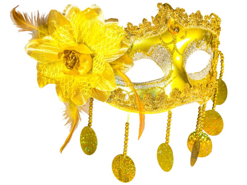 Masquerade mask gold pendants isolated white background side view
