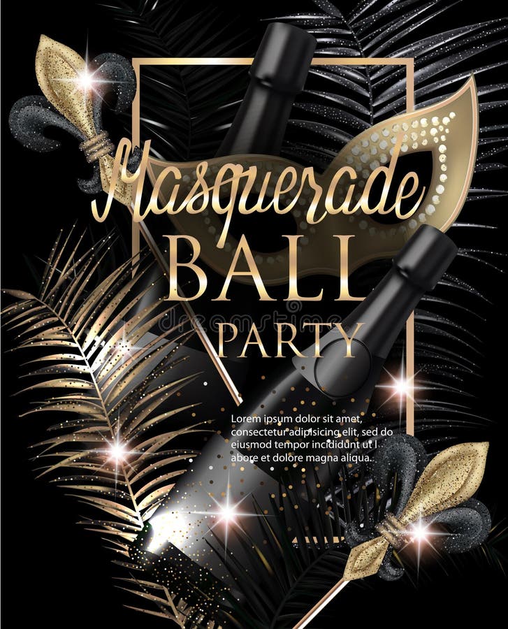 MASQUERADE PARTY INVITATION CARD WITH CARNIVAL DECO OBJECTS. GOLD AND BLACK.