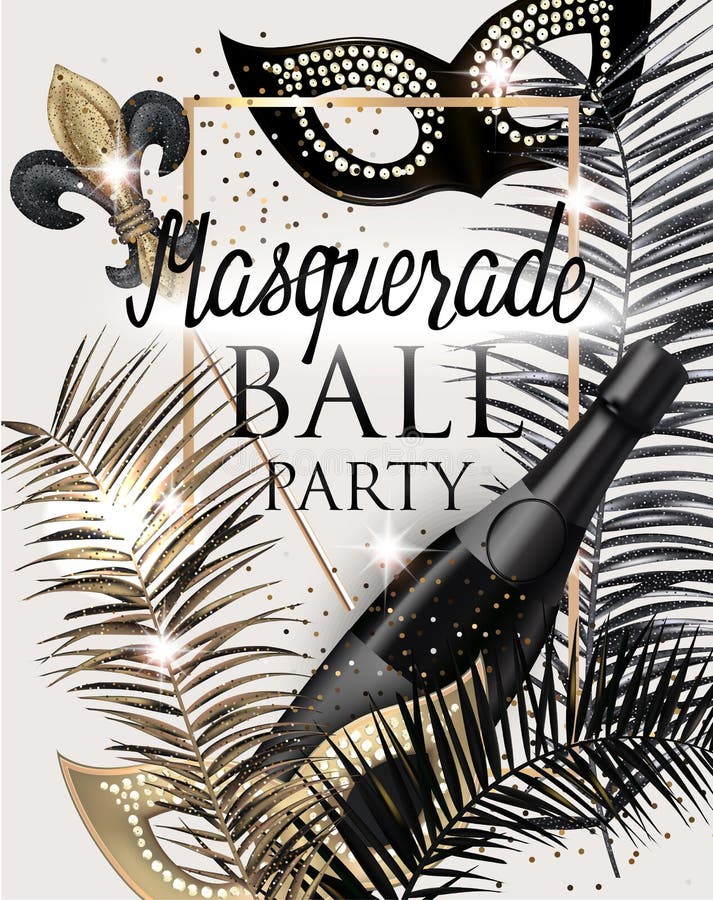 MASQUERADE PARTY INVITATION CARD WITH CARNIVAL DECO OBJECTS . GOLD, WHITE AND BLACK.