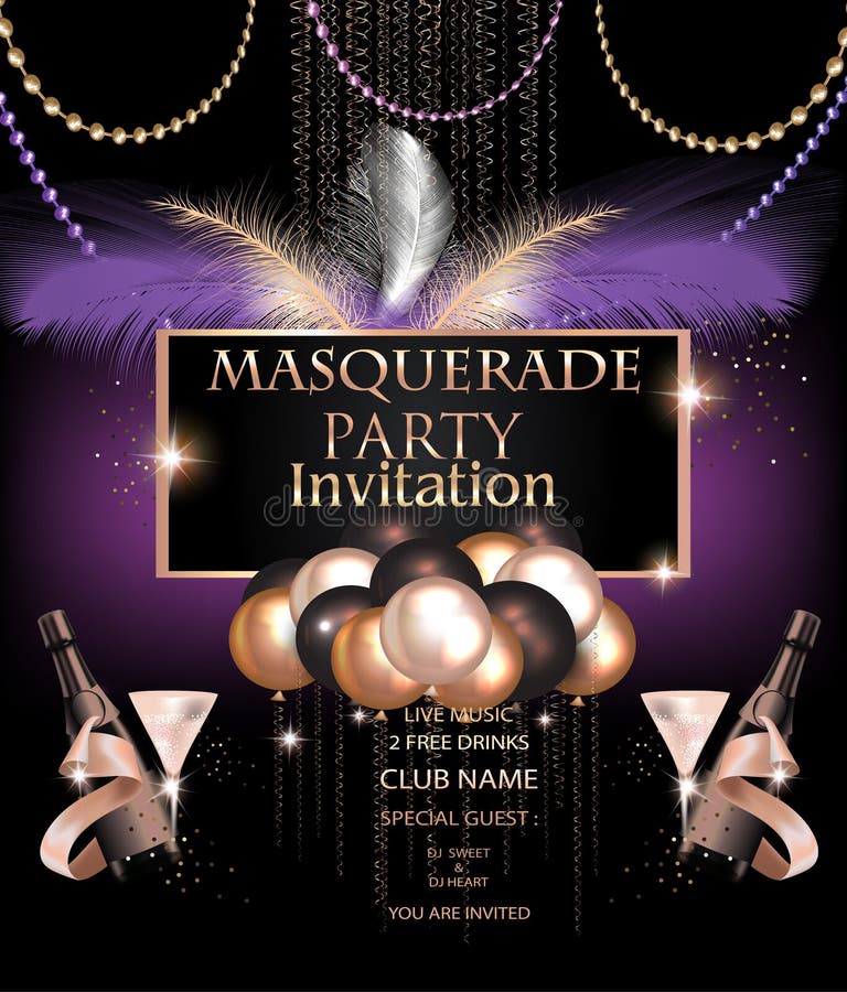 MASQUERADE PARTY INVITATION CARD WITH CARNIVAL PARTY DECO OBJECTS.