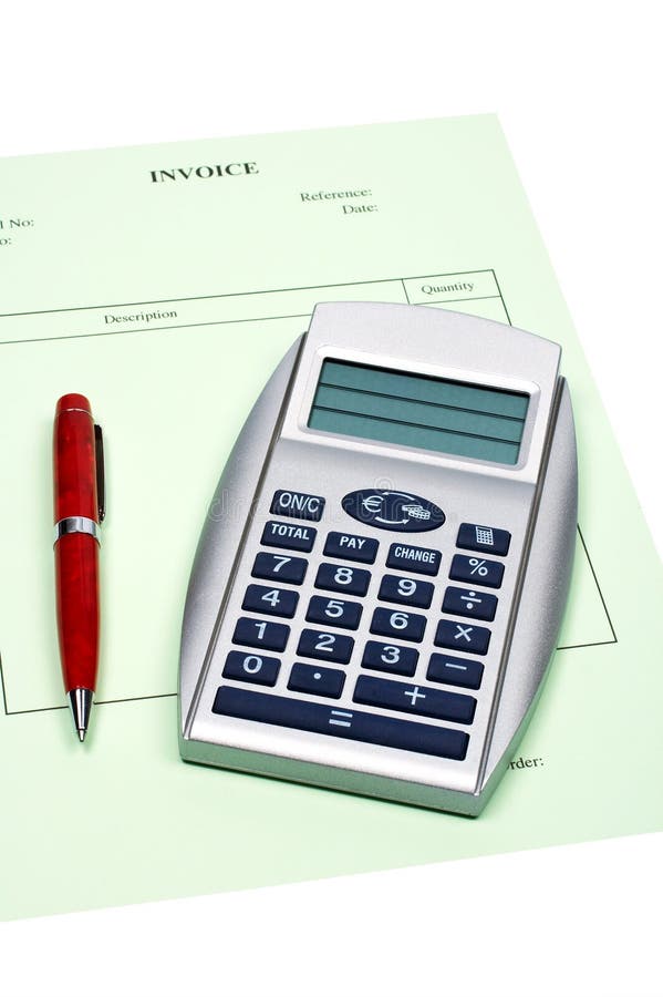 Blank invoice with pen and calculator on white background (small DOF). Blank invoice with pen and calculator on white background (small DOF)