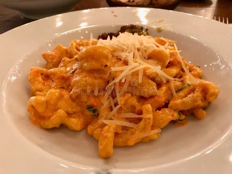 Massa de Rosso do Pesto de Caserecce com tomates, queijo parmes?o, creme e a galinha secados fotos de stock Massa de Rosso do Pesto de Caserecce com tomates, queijo parmes?o, creme e a galinha secados fotos de stock