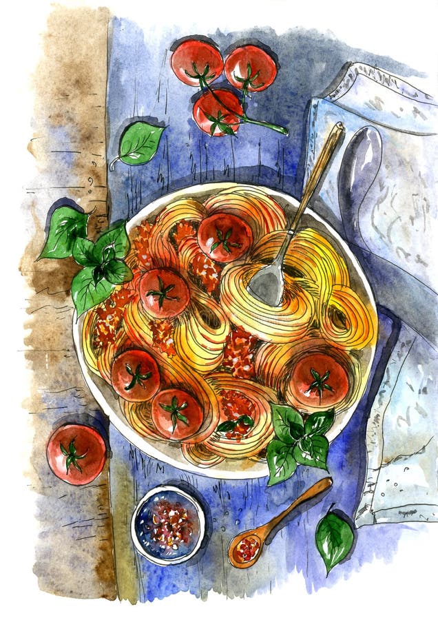 Massa italiana com tomates Pintado na aquarela ilustração do vetor Massa italiana com tomates Pintado na aquarela ilustração do vetor