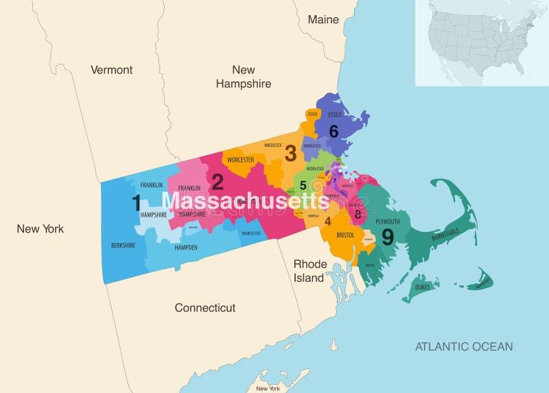 Massachusetts State Counties Colored By Congressional Districts Vector