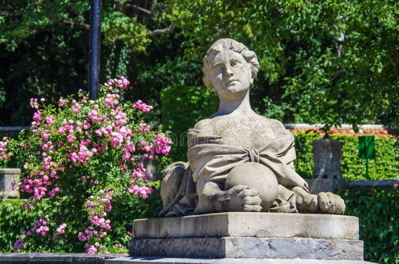 MASSANDRA, CRIMEA - June, 2018: Sculpture of a woman-sphinx with a ball at the Southern facade of Massandra Palace