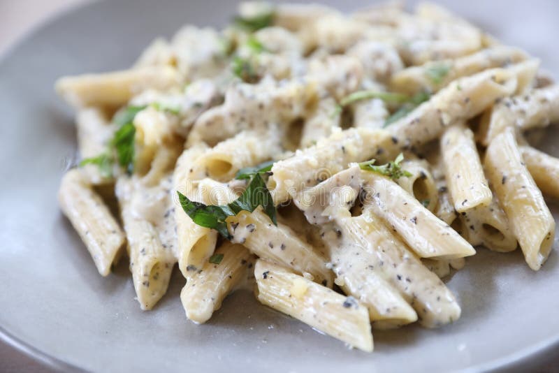 Penne pasta with white sauce and truffle in closeup , italian food. Penne pasta with white sauce and truffle in closeup , italian food