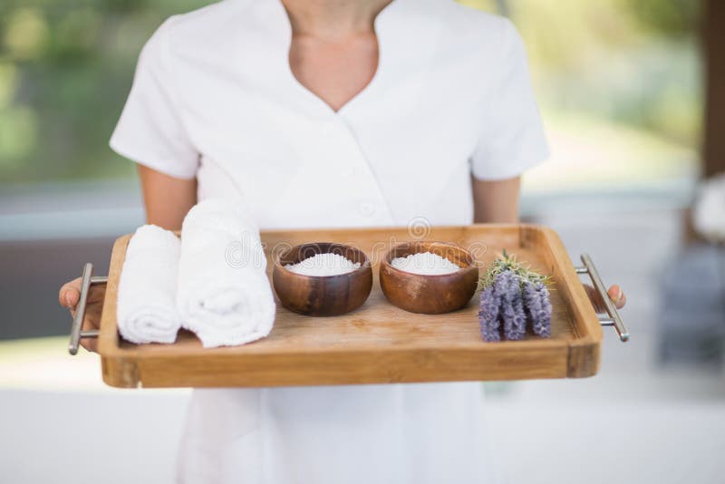 Masseur Holding Tray with Spa Therapy Products Stock Image Image of
