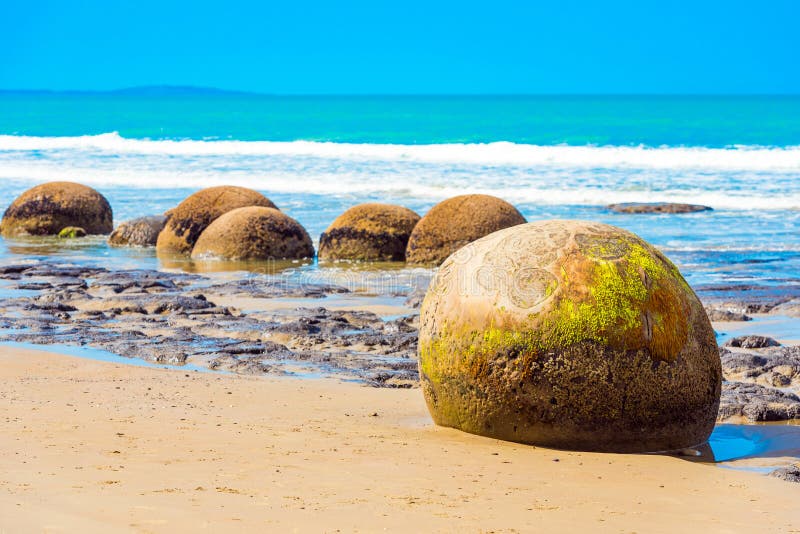 Massi di Moeraki sulla spiaggia nella regione di Otago, Nuova Zelanda di Koyokokha Copi lo spazio per testo immagini stock Massi di Moeraki sulla spiaggia nella regione di Otago, Nuova Zelanda di Koyokokha Copi lo spazio per testo immagini stock