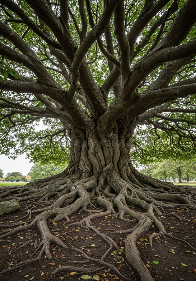 A massive, ancient tree with an intricate network of twisted roots sprawls across the royalty free illustration