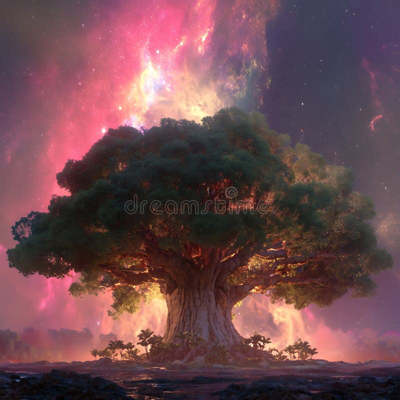 A massive, ancient tree with a thick trunk and sprawling branches dominates the royalty free illustration