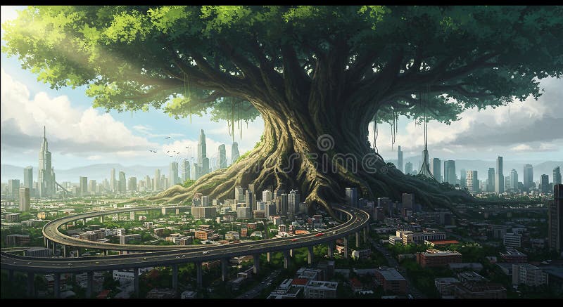 A massive, ancient tree towers over a sprawling cityscape with futuristic vector illustration