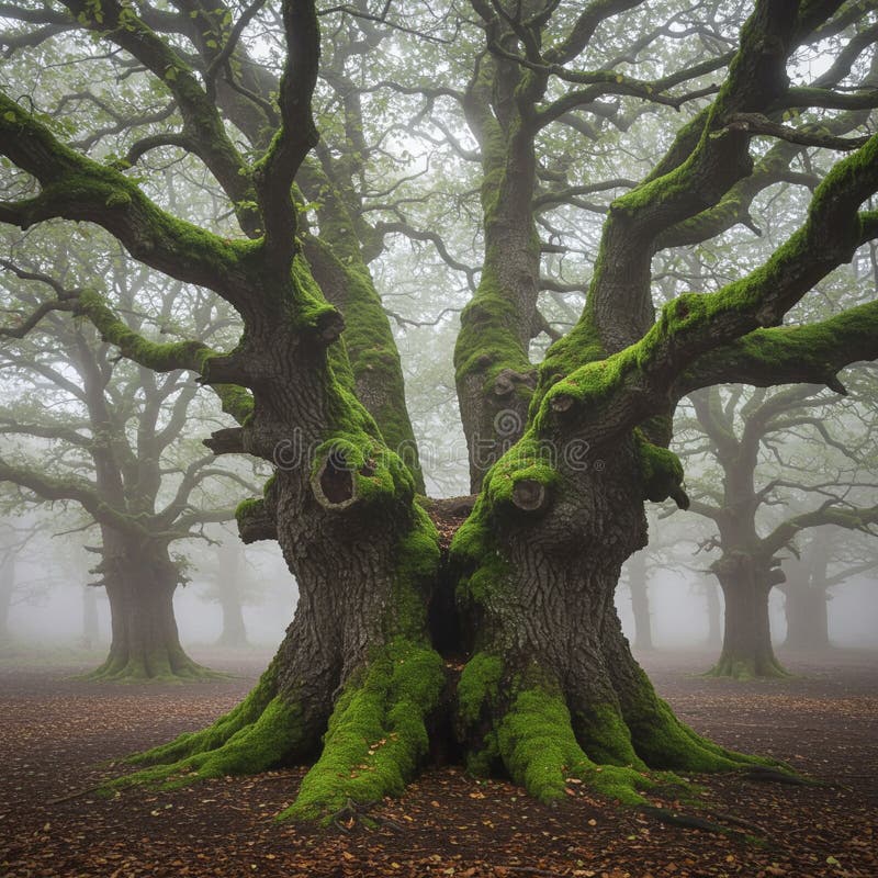 Massive ancient tree with twisting, gnarled branches, covered in vibrant green moss. royalty free illustration