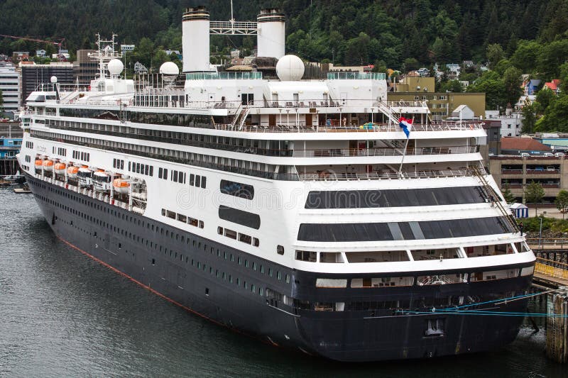 Massive Black and White Cruise Ship Docked in Juneau