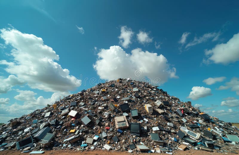 Massive heap of discarded electronics, including monitors, computers, keyboards, piled under cloudy blue sky. Visual represents vector illustration